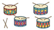 © Sufol - Set of colorful musical drums with sticks and a pair of crossed drumsticks isolated on a plain white background.