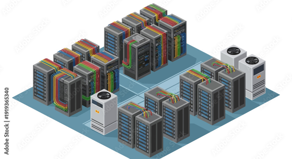 Data center server racks and infrastructure illustration. Stock Vector ...