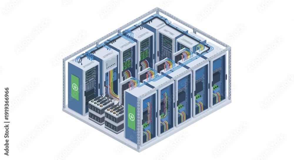 Data center server room with multiple server racks and cabling. Stock ...