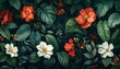 © Dua - Lush, vibrant illustration of floral elements. An array of colorful flowers, various leaves, and dense foliage in a dark background
