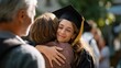 © Mary - Young woman in graduation cap hugging mother outdoors in celebration