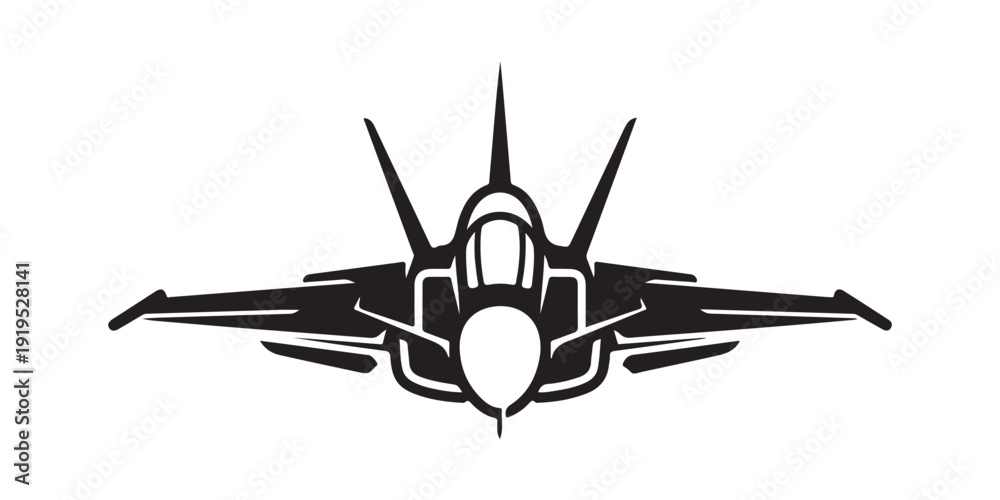 Modern military fighter jet silhouette front view black and white ...