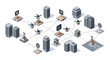 © Naim - Isometric smart city landscape depicting drone delivery services and interconnected wireless network infrastructure among buildings.