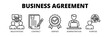 © EKA - Business Agreement web banner icon vector illustration concept for corporate partnership management with icons of negotiations, contract signing, verification, administration and business purpose.