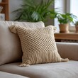 © SashaMagic - Textured beige cushion with fringe on modern sofa in bright living room