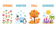 © Peacock - Four seasons illustration set. Spring summer fall winter vector icons. Cute educational seasonal elements for kids learning posters and prints.