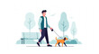 © Anisha - Man walking dog in park with trees and bench happy pet owner in green vest and blue shirt