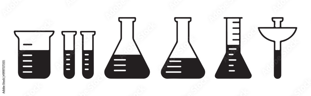 Scientific beaker and flask icons set with liquid level markings for ...