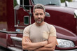 © be free - Semi trucks vehicle. Man owner truck driver. Transportation industry. Man driver near lorry truck. Truck driver. Trucking owner. Transportation vehicle. Hispanic man near truck. Trucker resting