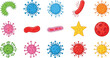 © Hosneara - Colorful bacteria and virus vector icon set featuring microscopic pathogens germs microorganisms flu cells and disease infection illustrations for medical and science education