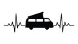 © SILHUETTECHEMBER - A black and white illustration of a van with a surfboard on top, set against a heartbeat line. isolated on white background, Vector