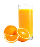glass of orange juice and oranges isolated