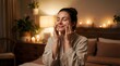 © My Stock - Woman applying skincare facial cream treatment beauty indoors