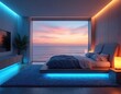 © Vadym - Modern bedroom suite features bed with ocean view. Sunset colors fill sky over calm sea. Coastal residence has ambient lighting and plush rug. Relaxing room with contemporary style and decor.