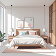 © Melinda - A minimalist illustration of a modern bedroom with a large bed and wooden furniture