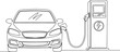 © MSTRAZINA - Continuous one line drawing of an electric vehicle charging at a station for green energy concept
