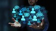 © William - Businessman holding virtual social network interface with connected user icons and chat bubbles,concept of online communication,community management,and digital marketing strategy