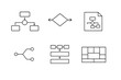 © Alex - Set of minimalist black line diagram icons showing flowchart, decision diamond, document diagram, branching tree, process steps, and grid layout blocks