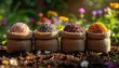 © Jokostudio - Detailed capture of FlyPro Firefly plantable wildflower seed bombs displayed in small burlap sacks, basking in dappled sunlight on garden soil.