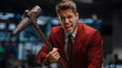 © pattozher - Market Meltdown: A sharply dressed man with a fierce expression holds a pickaxe, embodying frustration and anger in a financial crisis.