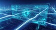 © Muhammad - Futuristic digital network with glowing blue lines and graphs on a dark background representing technology and data visualization in a cyberpunk style