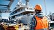 © HansAdam - A construction worker in a hard hat and vest looks at a large yacht in a shipyard