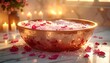 © Rahmadistudio - Gleaming copper bathtub filled with swirling, iridescent bath salts and delicate rose petals, captured in a professional camera shot with soft gold lighting.