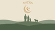 © Malik - A serene Eid Al-Adha celebration scene with a family and sheep under a crescent moon in a peaceful landscape viewed from a distance, referencing image (1223).ai