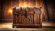 © Anandastudio - FlyPro_Firefly Carved wooden dowry chest with intricate carvings and aged metal fittings, captured with soft interior light in a professional camera shot.