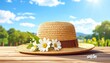 © bethari - Charming straw hat adorned with daisies on a wooden table under a bright summer sky.