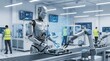 © Odye Design Art - Humanoid robot and robotic arms efficiently operate on a futuristic production line, demonstrating advanced manufacturing, artificial intelligence, and industrial automation