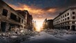 © Brittany - post apocalyptic city street with ruined buildings rubble and dramatic sky urban decay and desolation