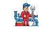 © CreativeAlim02 - A cheerful plumber stands with tools amidst a network of pipes showcasing his profession with a thumbs up silhouette high quality professional