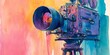 © Rifqi - Vibrant watercolor illustration of a vintage film camera in blue and purple hues on a colorful abstract background, concept for cinema industry, film festival promotion and media production