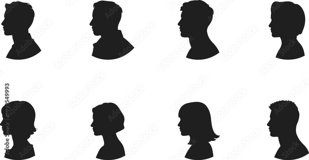 Vector de Stock Human head profile silhouettes set, male and female ...