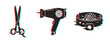 © supplement - Retro styled hair salon icons: scissors, hairdryer, and curlers in glitch effect