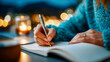 © Aliaksandra - Hand writing in a paper planner on a minimal desk with warm bokeh lights, productivity, goal setting, and time management concept