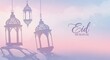 © imdad - eid mubarak greeting with soft pastel sky background and hanging silhouette lanterns casting gentle shadows festive islamic celebration