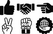 © Shakib Islam - Hand Gesture and Global Support Icon Set. Handshake, Thumbs Up, and Unity Symbols. Vector Illustration