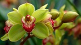 Delicate orchid flowers with green petals and striking red accents bloom in a lush garden. Sunlight filters through the leaves, enhancing their vivid colors. Nature flourishes in serene elegance.