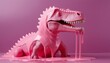 © Hallie - pink paint dripping on dinosaur toy creative minimal concept