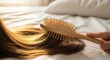 © Nataly - Natural hair care routine with wooden brush gently detangling long brown strands on soft white bedding. Personalized hair care involves delicate brushing, promoting healthy hair.