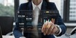 © RAFI - Business professional operating advanced holographic data interface with profit metrics and sales targets in corporate boardroom