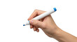 © Tarek - Hand Holding White Whiteboard Marker with Blue Cap and Tip in Natural Writing Pose Isolated on Transparent Background for Presentation Mockup