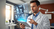 © loeker studio - Medical Professional Examining Digital X-Ray Images on Tablet in Modern Clinic with Futuristic Interface Display