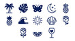 © Adobe - 'Tropical icons vector illustration set with palm tree, monstera leaf, butterfly, moon, pineapple, wave, sun, shell, rose, citrus, wine glass, and anchor designs'