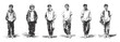 © Oly - Teenage boys school students walking casual poses. Modern youth people wearing hoodie and streetwear clothing. Classic pencil sketch style hand drawn illustration, background for education branding.