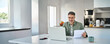 © insta_photos - Middle aged mature man senior customer wearing glasses looking at laptop computer holding paper bill checking financial invoice or tax document making online banking payments working at home table.