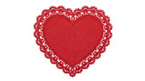 Red heart shaped lace doily with intricate crochet pattern, romantic textile ornament on a transparent background.