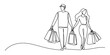 © Jotish_Design Store - Continuous line drawing of a young couple walking and carrying many shopping bags